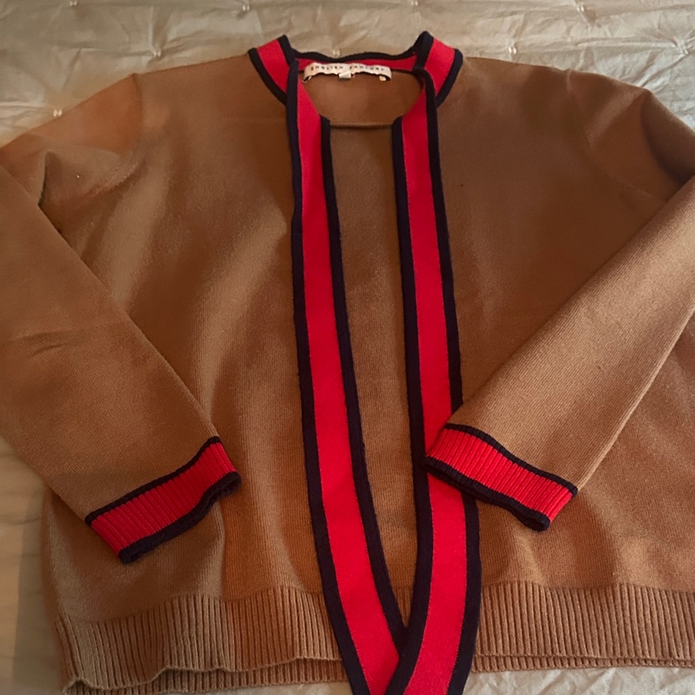 English Factory Camel Cardigan with Red and Black Trim